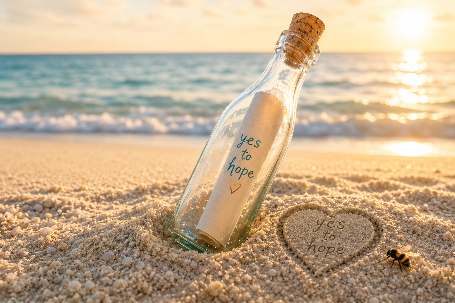 Message in a bottle reading yes to hope on a warm beach beside hope written in the sand